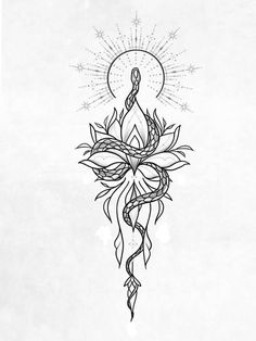 a black and white drawing of a flower with a star in the middle on a paper background