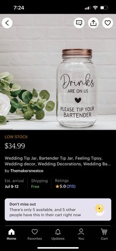 a glass jar with the words drinks are on us, please tip your bartender in