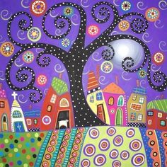 a painting of a tree with houses in the background and circles on it's branches