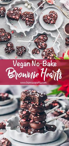 vegan no - bake brownie hearts are stacked on top of each other