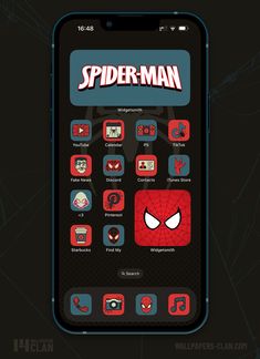 the spider - man app on an iphone screen with icons and symbols in red, black and blue