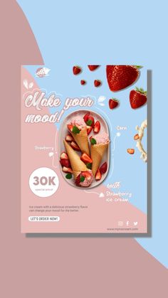 a poster with strawberries and ice cream on the bottom, next to a pink background