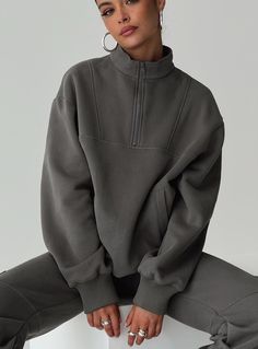 Sweater  Oversized fit, mock neck, twin hip pockets, ribbed cuffs & waist hem, stitching detail, quarter zip fastening at front   Good stretch, soft-lined  62% polyester 38% cotton  Cold gentle machine wash Sweater Quorter Zip, Gray Sweater Zip Up, Spring Half-zip Sweatshirt With Zipper Closure, Casual Half-zip Sweatshirt With Zipper Closure, Cozy Half-zip Sweatshirt With Zipper Closure, Sweater Oversized, Sweater Oversize, Sweater Grey, Corsets And Bustiers