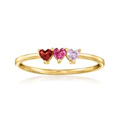 Ross-Simons - 1.70 ct. t. w. Multi-Gemstone Heart Ring in 14kt Yellow Gold. Size 8. RS Pure. Modern designs that complete your outfit and complement your personality. Sweet sparkle in a minimalist style! Indulge in our dainty ring, featuring a trio of 1.70 ct. tot. gem wt. heart-shaped garnet, rhodolite garnet and amethyst. Crafted in polished 14kt yellow gold. 1/8" wide. Multi-gemstone heart ring. Garnet birthstones are the perfect gift for January birthdays. Heart Cut Birthstone Ring In 14k Gold, Fine Jewelry Heart Cut Multi-stone Rings, Yellow Gold Heart Cut Birthstone Ring, Valentine's Day Yellow Gold Birthstone Ring, 14k Gold Heart Cut Birthstone Ring With Center Stone, 14k Gold Heart Cut Birthstone Ring With Prong Setting, Garnet Birthstone, January Birthday, Heart Gemstone