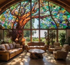 a living room filled with furniture under a large stained glass window