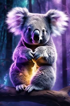 a koala bear sitting on top of a tree branch in front of a forest