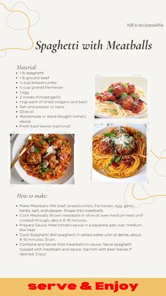 the menu for spaghetti with meatballs