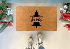 Doormat - Christmas Tree Doormat - Custom Last Name Warm Farmhouse, Farmhouse Theme, Weathered Paint, Gift For Newlyweds, Last Names, Layered Rugs, Bold Text, Custom Doormat, Entry Way