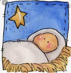 a drawing of a baby jesus in the manger with a star on his head