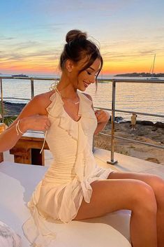 Halter Neck Ruffle Mini Dress Formal Mini Dress Aesthetic, Halter Mini Dress Outfit, Classy Mini Dress Outfit, Classy Birthday Outfit Dresses, Formal Mini Dress Classy, Going Out Dresses Classy, White Summer Dress Aesthetic, Fancy Dinner Dresses, Birthday Outfit 30th