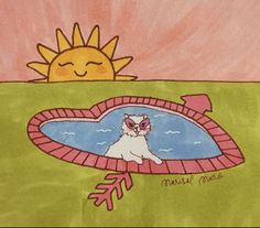 a drawing of a cat sitting on top of a green field next to a sun