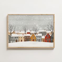 a painting of houses in the snow with trees and stars above them on a white wall