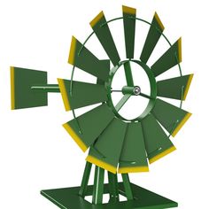 a green and yellow clock sitting on top of a stand