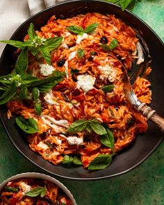 Creamy goat cheese roasted red pepper risoni (orzo)