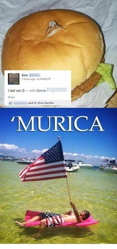 an american flag is floating in the water next to a hamburger that has been placed on top of it