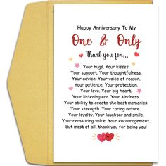 a greeting card with the words, happy anniversary to my one and only