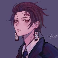 an anime character with purple hair and earrings