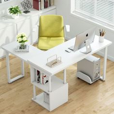 a white desk with a yellow chair next to it