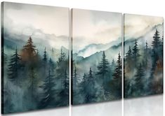 three pieces of art with trees and mountains in the background, each painted on canvas