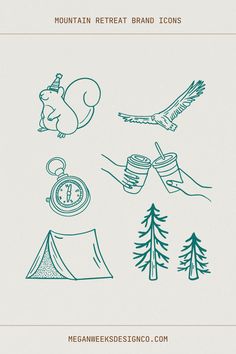 an image of camping related items in blue and green on a white background with the words mountain retro brand icons