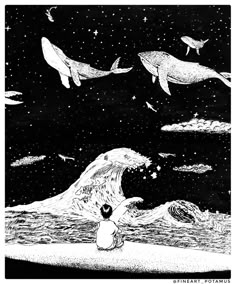 an image of a man looking at the stars in the sky with whales flying over him