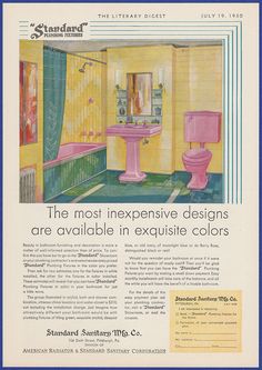 an advertisement for standard bathroom products from the 1950's, featuring pink and yellow fixtures