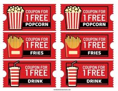 four coupons for free popcorn and fries with the words coupon for free on them