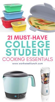 collage of college student cooking essentials with text overlay that reads 21 must have college student cooking essentials