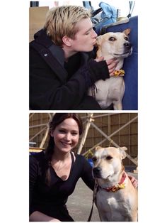 two pictures of a man and woman kissing each other while holding their dog in front of them