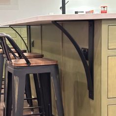 two metal stools sitting in front of a counter