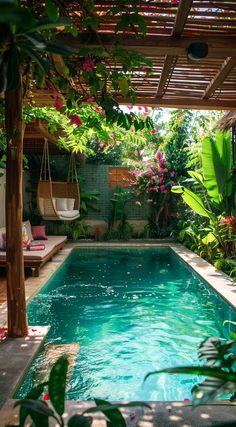 an outdoor swimming pool surrounded by greenery and hanging hammock chairs with pillows