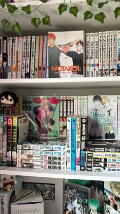 a book shelf filled with books and anime comics on it's sides, along with an ivy hanging from the ceiling