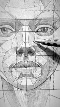 a pencil drawing of a man's face with different angles and lines on it