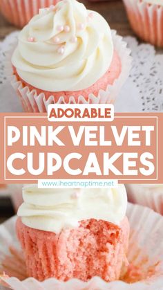 pink velvet cupcakes with white frosting and sprinkles on top