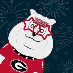 a white bear wearing glasses and a red shirt with fireworks in the sky behind it