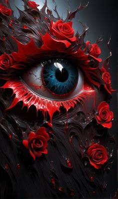 an eye with red roses on it and water droplets around the iris's eyes