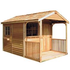 a small wooden shed with a porch on the side