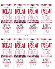 valentine's day treat tags with the words treat treat and hearts in red on them