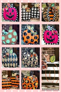 pumpkins are painted in different colors and designs