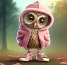 an owl wearing a pink coat and sneakers