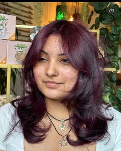 Burgundy Hair 90s, Wine Purple Hair Color, Dark Purple Hair On Brown Hair, Layers Cut For Short Hair, Burgundy Hair Curtain Bangs, Auburn Violet Hair, No Bleach Purple Hair, Magenta And Brown Hair, Brown Wine Hair Color