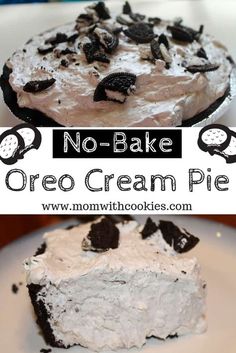 no - bake oreo cream pie on a plate with the title above it