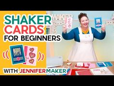 a woman in an apron holding up cards with the words shaker cards for beginners