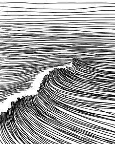 an ink drawing of a wave in black and white, with lines coming from it