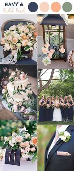 a collage of photos with flowers and greenery on them, including the bride and groom