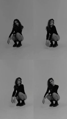 four images of a woman kneeling down and posing for the camera with her hands on her knees