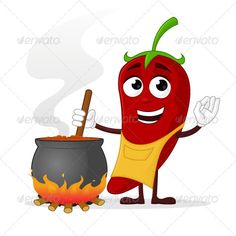 a hot chili character with a caulder on fire - food objects / characters