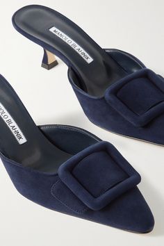 Milano Blahnik Shoes, Wedding Guest Bag, Manolo Blahnik Maysale, 2024 Shoes, Manolo Blahnik Blue, Designer Things, Designer Mules, Navy Girl, Manolo Blahnik Heels