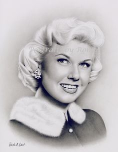 a black and white drawing of a woman with blonde hair wearing a fur collar, smiling