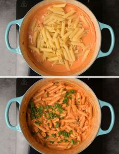 two pictures showing the same pot of pasta